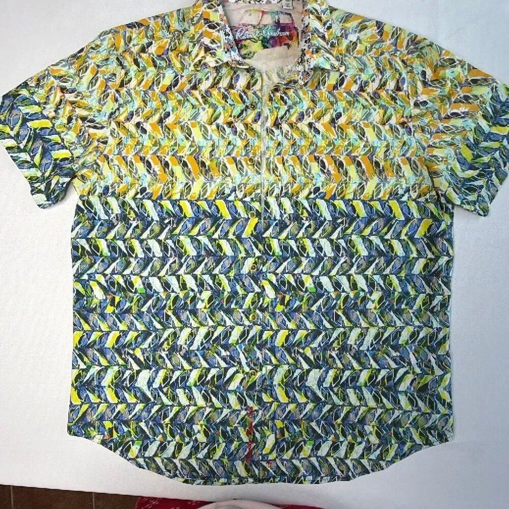 Robert Graham Men’s Lg Classic fit dress Shirt Blue Yellow Geometric Short Sleev